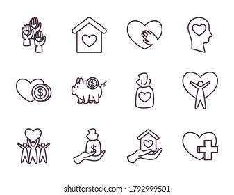 diseño de conjunto de iconos de estilo de línea de donación de caridad y tema voluntario Ilustración vectorial