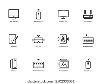 Line Style icon set. desktop, mac, mouse, router, keyboard, touch pad, Box icon for apps and website