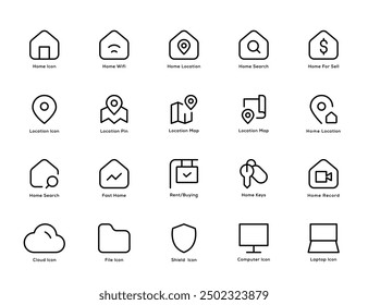 Line Style icon set. Home icon, Wifi, Search, Home sell, Location, location pin, location map,  Rent, Buying, Home Key, Cloud, Computer, Shield, File, Laptop icon for apps and website