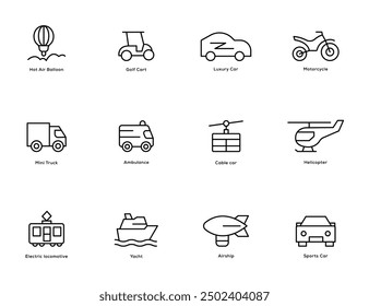 Line Style icon set. Hot Air Ballon, Golf Cart, Motorcycle, Car, Truck, Ambulance, Cable Car, Helicopter, Airship icon for apps and website