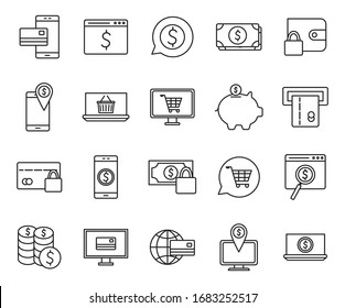 line style icon set of Payments online shopping money financial banking commerce market buy currency accounting and invest theme Vector illustration