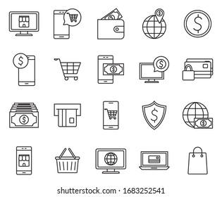 line style icon set of Payments online shopping money financial banking commerce market buy currency accounting and invest theme Vector illustration