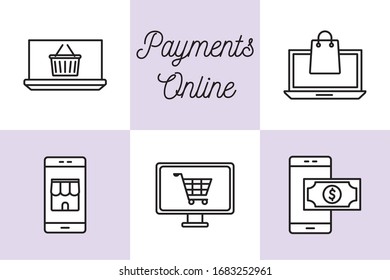 línea de estilo icono de pago compras en línea dinero banca financiera mercado comprar contabilidad de divisas e invertir tema Vector ilustración