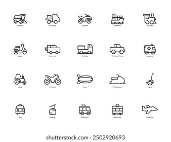 Line Style icon set. Pickup, Bike, Cargo Ship, Train, Scooter, Truck, Ambulance, Motorcycle, Fighter Jet icon for apps and website