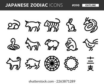 Line style icon set related to japanese zodiac_098, Japanese text translation : 12 signs of the japanese zodiac