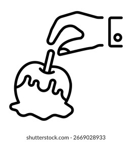 Un icono de estilo de línea que muestra la manzana de caramelo