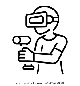 Um ícone de estilo de linha mostrando um caractere usando tecnologia vr 