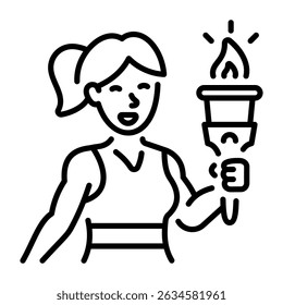 Um ícone de estilo de linha mostrando um caractere mantendo uma chama olímpica