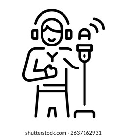 A line style icon showing a character doing voice recording 