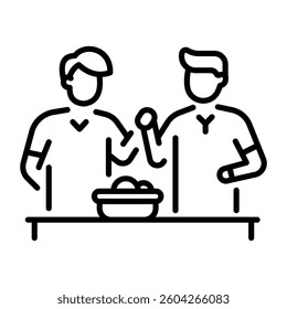 A line style icon of two friends baking together 