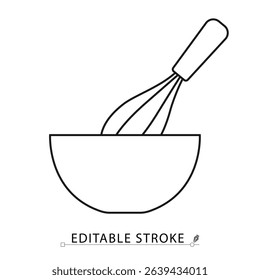 Line style icon of whisk in bowl with editable stroke. Flat vector outline of kitchen utensil for mixing ingredients in minimal design. Cooking, baking, kitchen tools, food preparation, culinary