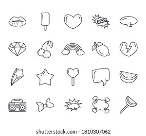 iconos de estilo de línea conjunto diseño de retro de arte pop y tema cómico Ilustración vectorial
