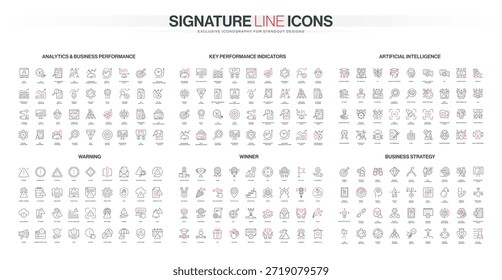 Os ícones de estilo de linha abrangem os conceitos de análise, KPI, inteligência artificial, avisos, realizações e estratégia de negócios cor vermelha e preta, detalhados para ilustrações de vetor isoladas de temas orientados por dados