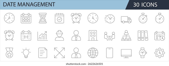 Line style icons for date management, including time, calendar, deadline, timer, planning, and task management. Ideal for productivity apps, business, and office use.

