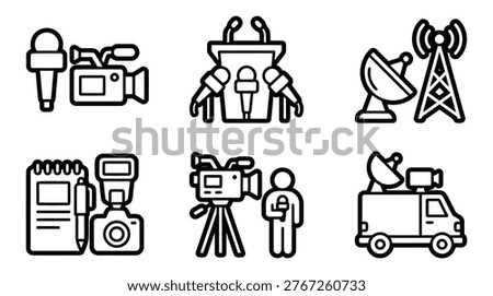 Line style icons depicting broadcasting and media equipment including microphone camera notebook tripod and van