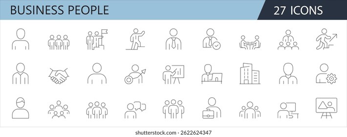 Ícones de estilo de linha que representam pessoas de negócios, trabalho em equipe, liderança, colaboração, reuniões e crescimento. Ideal para projetos empresariais, corporativos e voltados para equipes.

