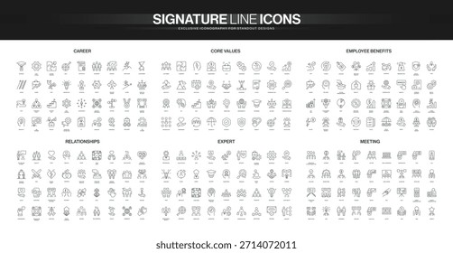 Line style icons set covers career growth, core values, employee benefits, relationships, expertise, and meeting concepts, representing business and personal development isolated vector illustration