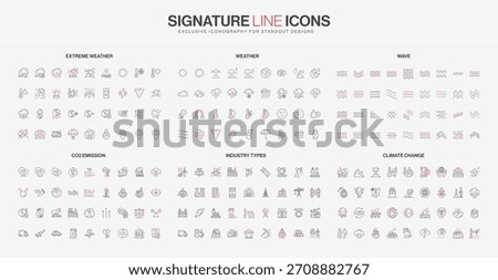 Line style icons set covers climate change, CO2 emission, industry, extreme weather, wave patterns, and meteorological symbols for environmental awareness isolated vector illustration