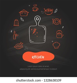 Line style icons set of kitchen. Hand drawn modern nutrition concept. Food banner template