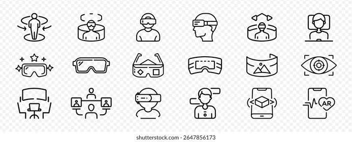 Line Style Icons of Virtual Reality, Augmented Reality, Metaverse Headsets, and AR Glasses, icon set showing virtual reality headsets, augmented reality glasses, metaverse experience, 360° interaction