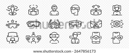 Line Style Icons of Virtual Reality, Augmented Reality, Metaverse Headsets, and AR Glasses, icon set showing virtual reality headsets, augmented reality glasses, metaverse experience, 360° interaction