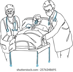 Line style illustration of doctor and nurse taking patient on stretcher down, hospital, medical care, healthcare