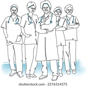 Line style illustration of happy trusted team of successful doctors in uniform looking confidently at camera, standing, trusted healthcare, medical team and health care concept