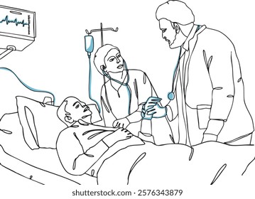 Line style illustration of male and female doctor checking male patient in hospital, patient resting in hospital bed given healthcare, medical checkup, trusted hospital services