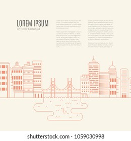 Line style illustration with office buildings, bridge, lake and a swan. Architectural vector illustration with sample text.