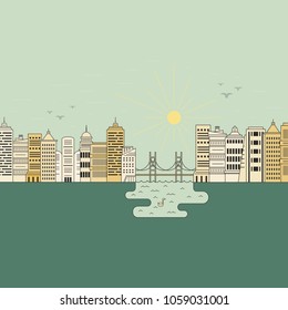 Line style illustration with office buildings, bridge, lake and a swan. Architectural vector illustration. City environment or green living concept.