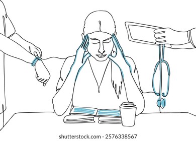 Line style illustration of stressed medical student, tired, hospital research, studying or educational technology training, Woman thinking, burnt out in healthcare, nurse with hand on head internship