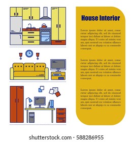 Line style infographics with interior design elements. Vector illustration. Furniture interior graphic background. Banner set apartment decoration.