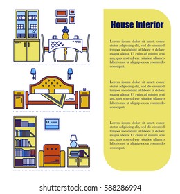 Line style infographics with interior design elements. Vector illustration. Furniture interior graphic background. Banner set apartment decoration.