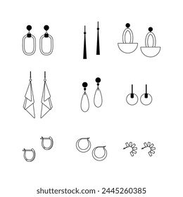 Line style isolated set of stud, plug, huggie hoop, drop, climber and dangler earrings in black on white background. Can be used for logo, banner, flyer, sticker, poster, greeting card, decoration