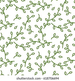 Line style leaves seamless vector pattern on white background. Nature green leaf background.