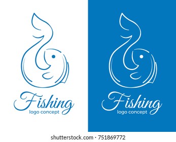 Line style logo concept - fish and fishing hook. Minimalistic outlined vector illustration.
