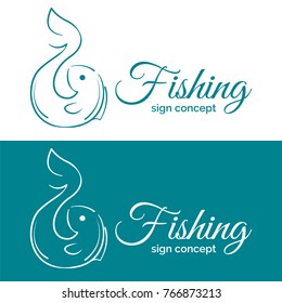 Line style logo concept - fish and fishing hook. Minimalistic outlined vector illustration.