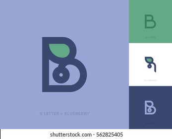 Line style logo template with letter b and blueberry with leaf on purple background