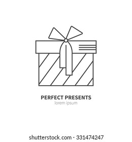 Line style logotype template with beautiful present. Isolated on background and easy to use. Perfect logo for your business. Clean and minimalistic. Christmas series.