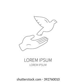 Line style logotype template with dove and hand. Isolated on white background .