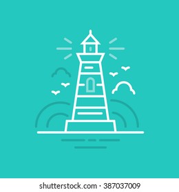 Line style logotype template with lighthouse. Isolated on background and easy to use.  Lighthouse on horizon. Clean and minimalistic symbol. Travel concept.