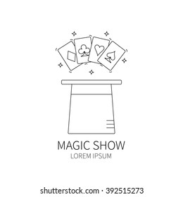 Line style logotype template with magic hat and  playing-cards.  Isolated on white background .