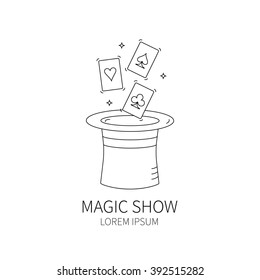 Line style logotype template with magic hat and  playing-cards.  Isolated on white background .