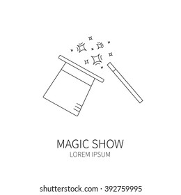 Line style logotype template with magic hat and magic wand. Isolated on white background .