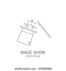 Line style logotype template with magic hat and magic wand. Isolated on white background .