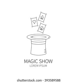 Line style logotype template with magic hat and  playing-cards.  Isolated on white background .