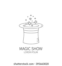 Line style logotype template with magic hat. Isolated on white background .