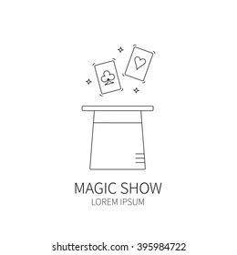 Line style logotype template with magic hat and  playing cards.  Isolated on white background .