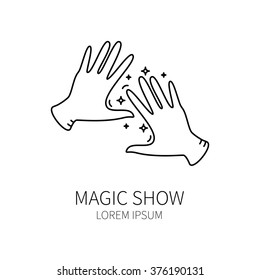 Line style logotype template with magician hands. Isolated on white background .