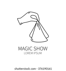Line style logotype template with magician hand. Isolated on white background .